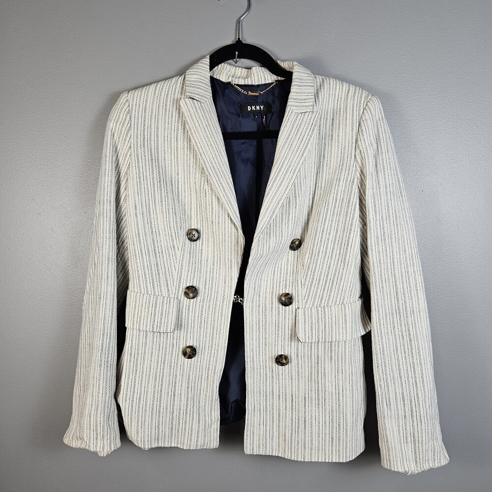 DKNY Womens‎ Pinstripe Blazer Ivory Navy Chain Closure Lined Single Breasted  4R